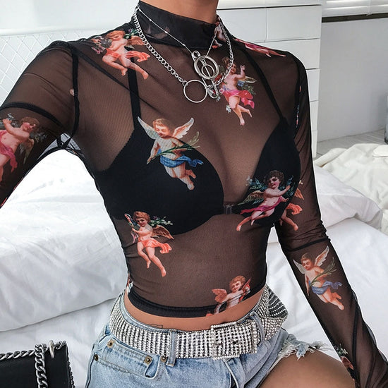 Women T Shirt See Through Transparent Mesh