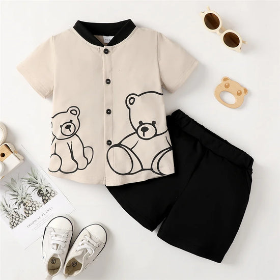 Set Bear Print Button Style Short Sleeve
